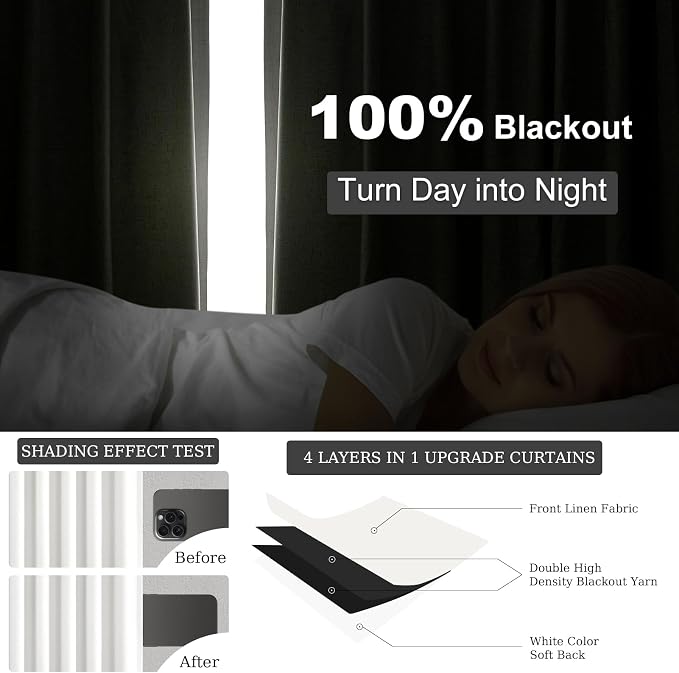 Topfinel 95 inch Bedroom Living Room Curtains 2 Panels 100% Blackout Linen Texture Curtain Drapes with Back Tab Rod Pocket Room Darkening Thermal Insulated Curtains for Dining Sliding Door Snow White