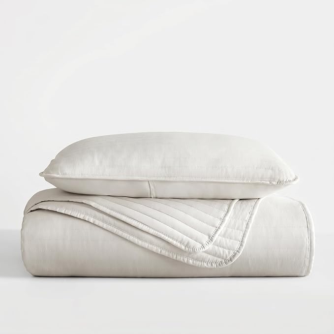 Merit Linens Modern Quilt Coverlet Soft Set in Stripe Stitching - Twin/TwinXL Natural