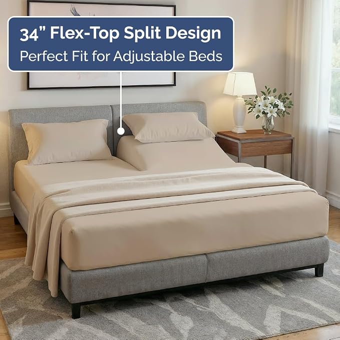Flex Top Split Head King 4 Piece Sheet Set - Ultra-Soft, Breathable - Cream | Cooling Bed Sheets Set, Hotel Luxury Bedding for Women & Men with Deep Pockets, Wrinkle Free & Fade Resistant, Oeko-Tex