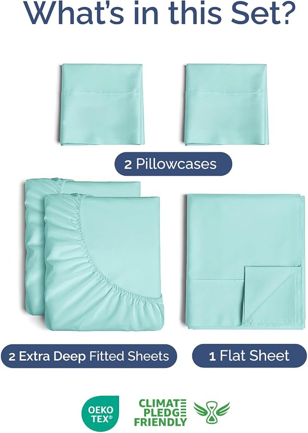 Extra Deep Split King Sheet Set - 5 Piece Soft & Cooling Sheets - Spa Blue | Easily Fits 18 to 24 inch Mattress - Ultra Soft, Wrinkle & Fade Free with Extra Deep Pockets - Comfy Hotel Luxury Bedding