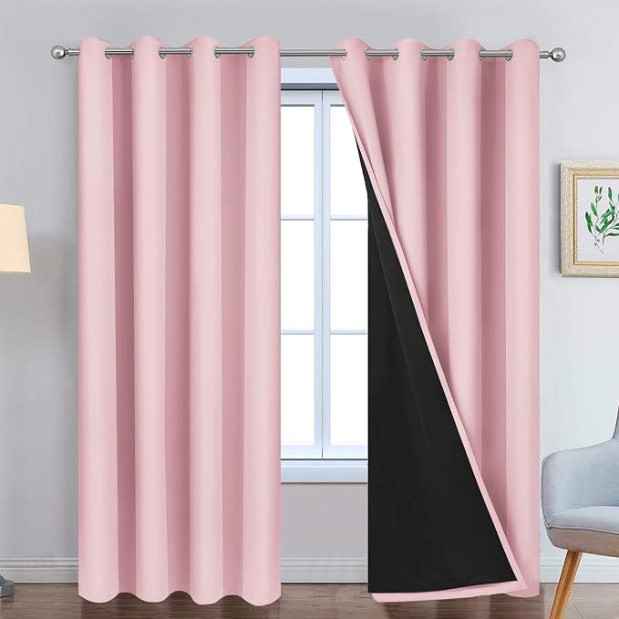 Yakamok Pink 100% Blackout Curtains 84 Inches Long for Bedroom 52" Wide | Blackout Curtain Panels for Bedroom, 2 Thick Layers Grommet Top Thermal Insulated Drapes with Black Liner for Living Room
