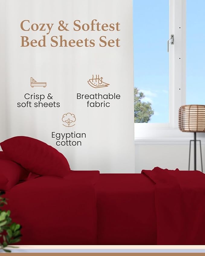 Good Sleep Bedding 100% Egyptian Cotton King Size Sheets Set, 4 Piece Silky Sateen Weave King Bed Sheets, Ultra-Soft & Durable Hotel Luxury, 16" King Size Sheets Deep Pocket Set - Burgundy