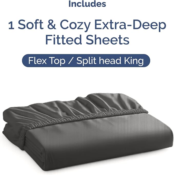 Extra Deep Flex Top Split Head King Fitted Sheet Only - Charcoal | Easily Fits 18 inch to 24 inch Mattress, Soft, Wrinkle Free, Breathable & Comfy, Extra Deep Pockets Hotel Luxury Fitted Sheet