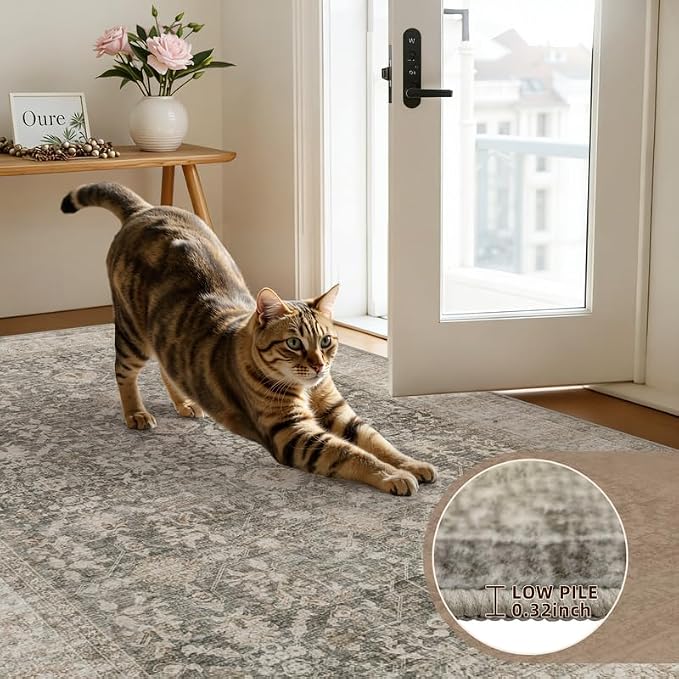 8x10 Area Rugs Living Room: Bedroom Washable Carpet Warm Taupe | Large Vintage Boho Indoor Decor Neutral Soft Nursery Farmhouse Dining Room Office Floor Non-Slip Low Pile Under Table Rug