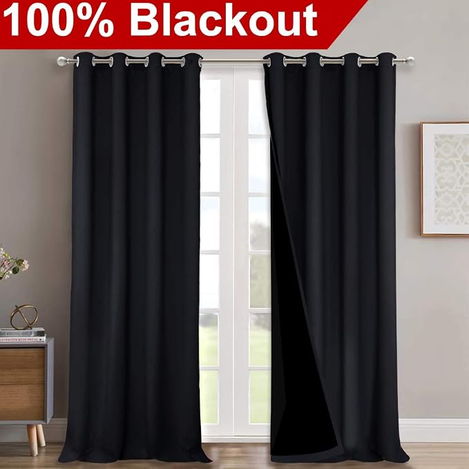 NICETOWN Black Blackout Curtains for Bedroom 52" Wide x 90" Long 2 Panels | Full Shading Super Heavy-Duty Black Lined Drapes, Room Darkening Light Blocking Privacy Assured Window Treatment Home Decor