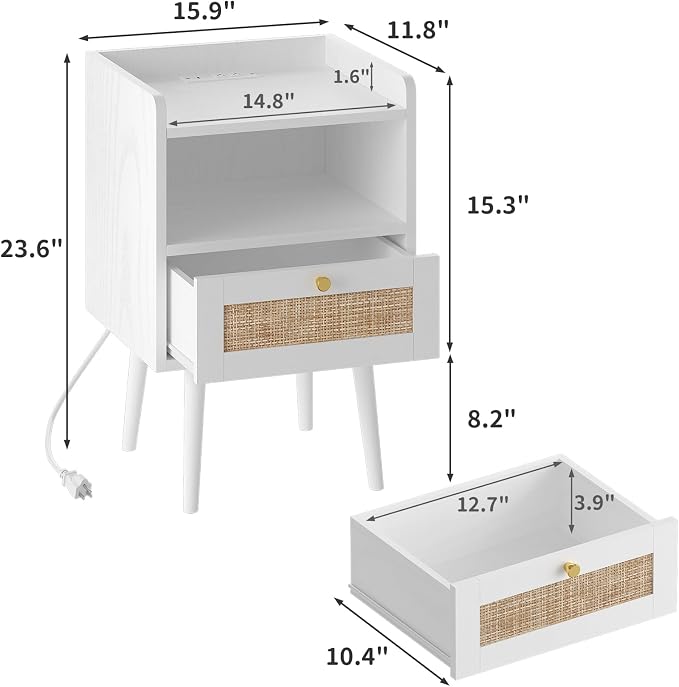 MECHYIN Night Stand Set 2, Nightstands Set of 2 with Charging Station, Rattan Side Tables with Solid Wood Legs, Boho Bedside End Table for Apartment Bedroom Dorm Small Space