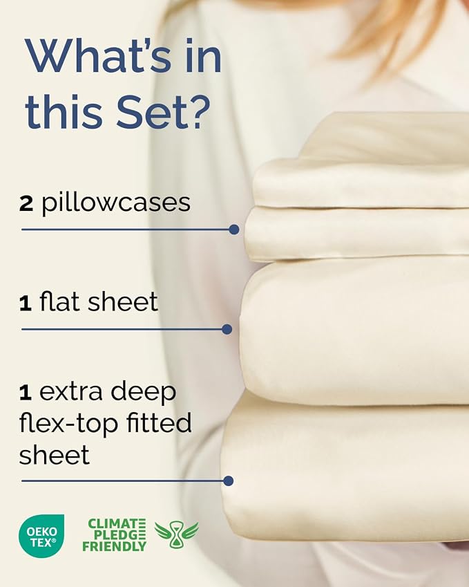 Flex Top Split Head King Sheet Set - 4 Piece Extra Deep Sheets - Off White | Easily Fits 18 to 24 inch Mattress, Ultra Soft, Wrinkle & Fade Free with Extra Deep Pockets, Comfy Hotel Luxury Bedding