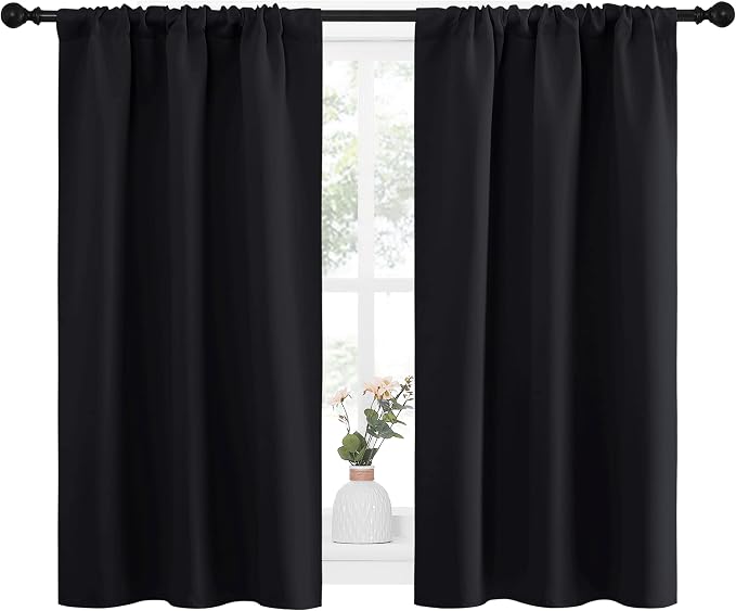 NICETOWN Black Blackout Curtains for Kitchen 34" Wide x 45" Long 2 Panels | Energy Smart Decoration Thermal Insulating Drapes Draperies for Bedroom Small Window, Light Blocking Room Darkening Decor