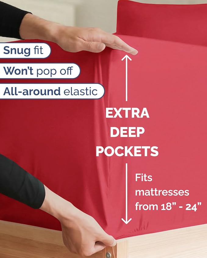 Extra Deep Twin XL Sheet Set - 4 Piece College Dorm Room - Red | College Dorm Room Essentials, Easy & Secure Fit, Ultra-Soft, Wrinkle & Fade Free, Comfy Sheets Set with Extra Deep Pockets