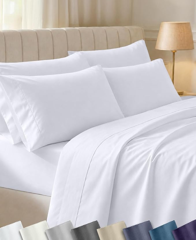 California Design Den 100% Cotton Sateen King Bed Sheet Set, 6 Pcs, White | 6 Pcs with 4 Pillowcases, 400 Thread Count Backed by Good Housekeeping Seal, 16" Deep Pocket, All-Around Elastic, Durable