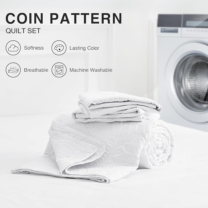 Love's cabin Quilts for Full Bed White Bedspreads Bedding Set - Summer Lightweight Bedspread Comforter - Coin Pattern Bedding Coverlet for All Season - 3 Pieces (1 Quilt, 2 Pillow Shams)