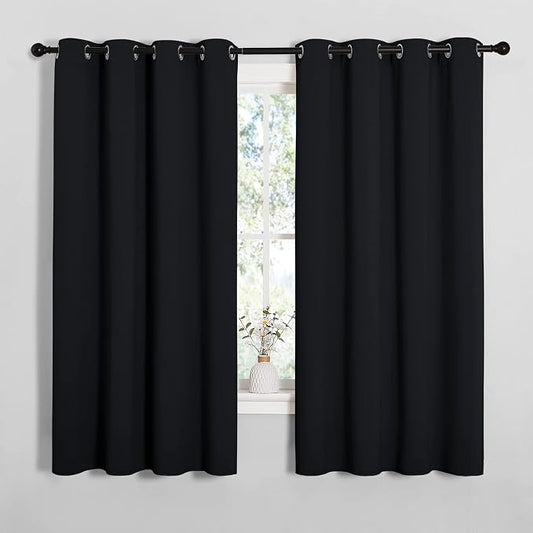 NICETOWN Black Blackout Curtains for Bathroom 55" Wide x 57" Long 2 Panels | Black Solid Thermal Insulated Grommet Blackout Drapes Drapery Panels for Window, Noise Reducing Room Darkening Decor