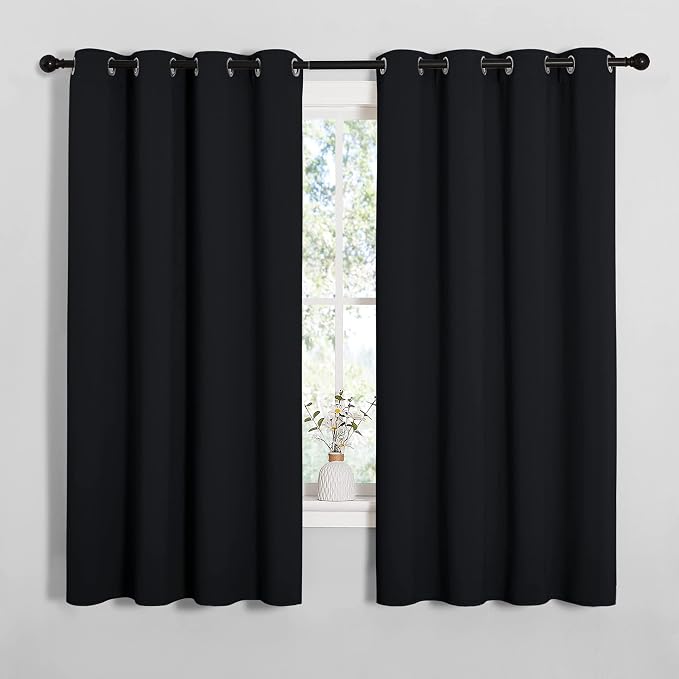 NICETOWN Black Blackout Curtains for Bathroom 55" Wide x 68" Long 2 Panels | Solid Thermal Insulated Grommet Drapes Drapery Panels for Window, Noise Reducing Room Darkening Window Treatment Decor