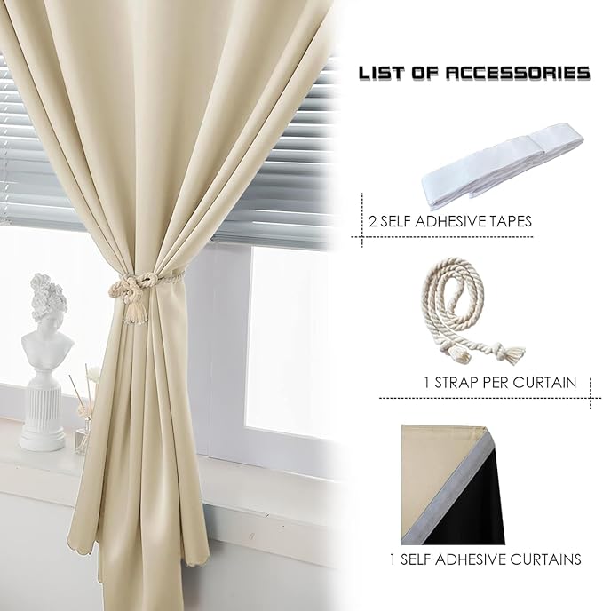 AJAZZ Self Adhesive Curtains 100% Blackout Shades Window Cover Sticky Curtain Portable Easy Open Black Out Curtains for Bedroom Living Room No Drilling (Beige, 59" W x 96" L 1 Panel)