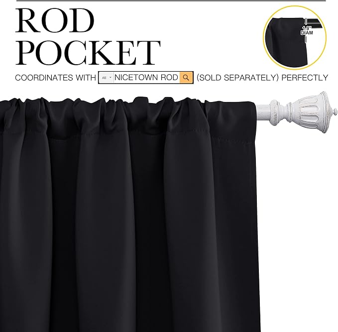 NICETOWN Black Blackout Curtains for Bedroom 52" Wide x 72" Long 2 Panels | Solid Thermal Insulated Window Treatment Blinds Drapes for Living Room Kitchen, Light Blocking Room Darkening Home Decoration