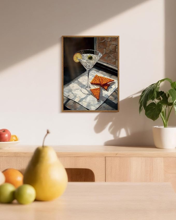 Martini Cocktail Framed Wall Art 12x16 Realistic Canvas Print, Drink Glass with Olive Lemon Crackers Still Life Painting, Modern Kitchen Café Lounge Dining Room Aesthetic Artwork Food Decor