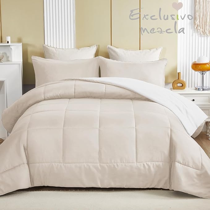 Exclusivo Mezcla Reversible Soft Twin Comforter Set, 2 Pieces | Brich Beige/ White Lightweight Microfiber Down Alternative Comforters, All-Season Bedding with 1 Pillow Sham