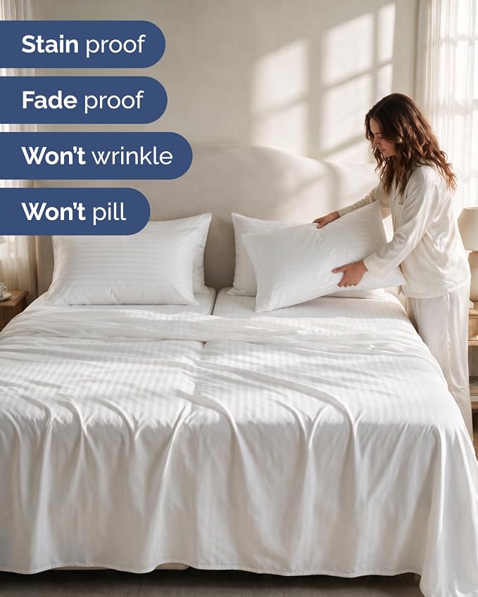Split King 7 Piece Bed Sheet Set - Breathable & Cooling - Striped White | Ultra-Soft Hotel Luxury Bedding Set w/ 8-16 Inch Deep Pockets, 1 Flat & 2 Fitted Sheet & 4 Pillowcases, Wrinkle & Fade Free