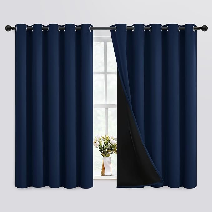 SimpleHome Navy Blue 100% Blackout Curtains Room Darkening Living Room 63 | Curtains for Bedroom,Thermal Insulated Grommet Window Drapes,Curtains for Living Room with Black Back,62 x 63 Inch,2 Panels