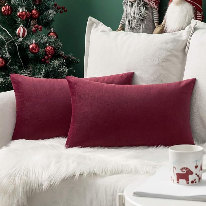 MIULEE 12x20 Inch Lumbar Velvet Throw Pillow Covers Wine Red | Pack of 2 Soft Solid Decorative Pillow Covers, Modern Luxury Home Decor, for Chair Couch Sofa Bedroom Livingroom