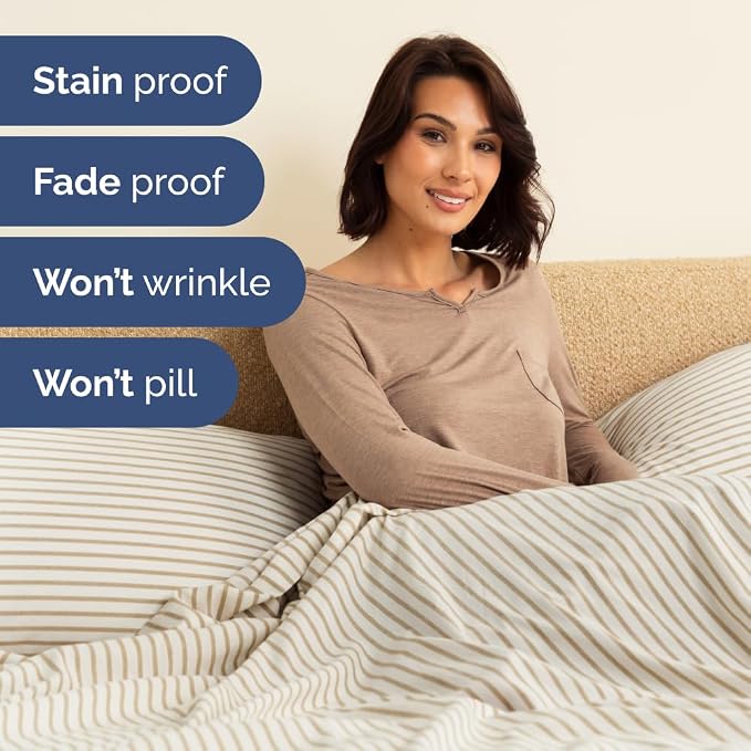 Flex Top Split Head King 4 Piece Sheet Set - Soft & Cooling - Beige Stripes | Cooling Bed Sheets Set, Hotel Luxury Bedding for Women & Men with Deep Pockets, Wrinkle Free & Fade Resistant, Oeko-Tex