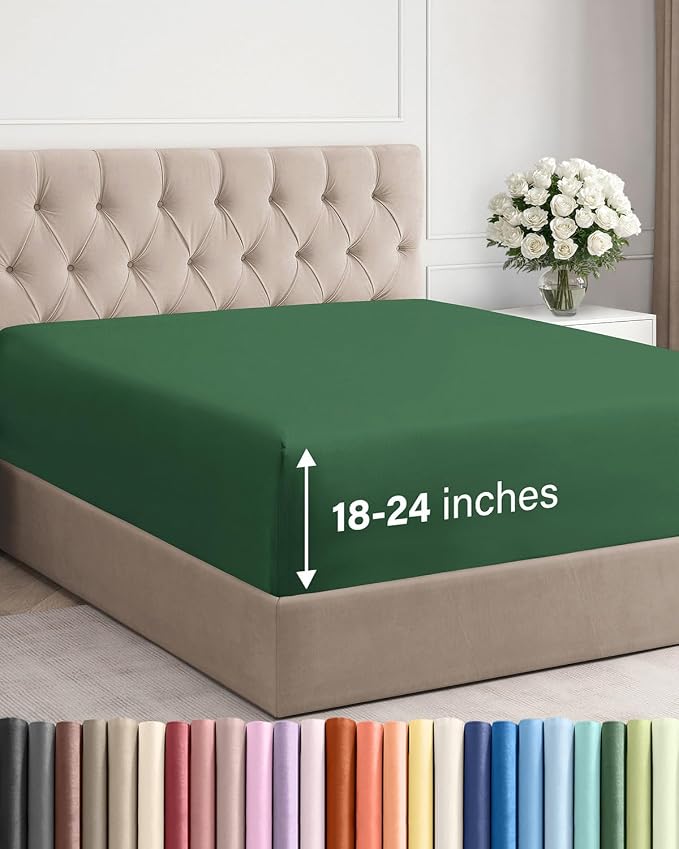 Extra Deep Queen Fitted Sheet - Single Fitted Sheet Only - Emerald Green | Easily Fits 18 inch to 24 inch Mattress, Soft, Wrinkle Free, Breathable & Comfy, Extra Deep Pockets Hotel Luxury Fitted Sheet