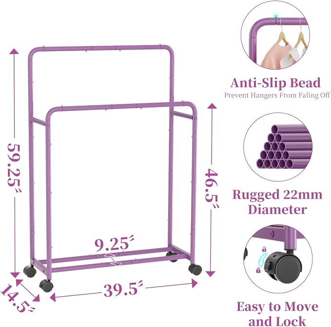 Simple Trending Clothing Clothes Rack, Double Rod Garment Rack, Purple | Portable Closet with Bottom Shelf, Anti-Slip Stoppers, 360° Lockable Wheels, Multiple Uses, Bedroom, Laundry Room