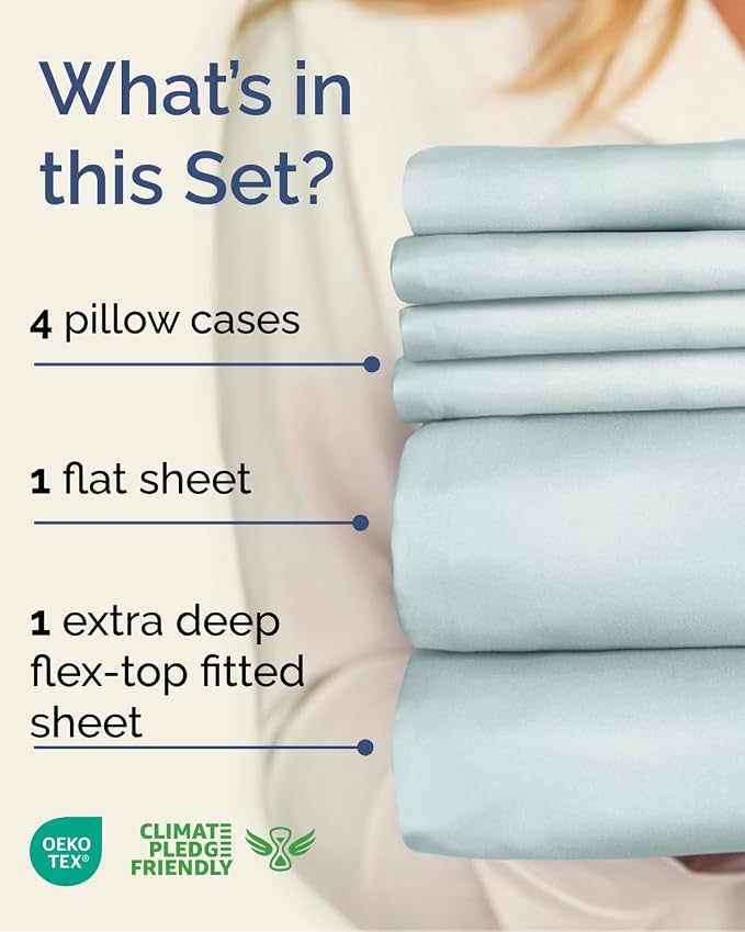 Extra Deep Flex Top Split Head King Sheet Set - 6 Piece Breathable and Cooling Sheets - Hotel Luxury Bedding for Women, Men, Kids & Teens - Easy Secure Fit - Extra Deep Pockets - Ice Blue