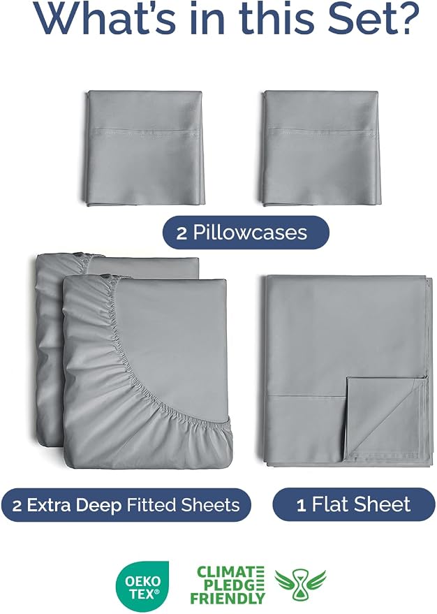 Extra Deep Split King Sheet Set - 5 Piece Breathable Cooling - Steel Blue | Easily Fits 18 to 24 inch Mattress - Ultra Soft, Wrinkle & Fade Free with Extra Deep Pockets - Comfy Hotel Luxury Bedding