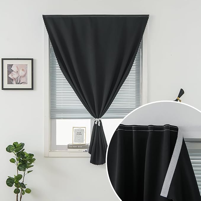 Room Darkening Curtains with Adhesive Backing Tool Free Hanging Window Drapes for Bedroom Kitchen Rental 70" W x 84" L Black 1 Panel