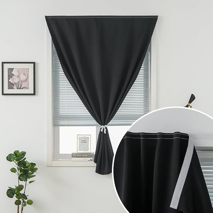 Instant Blackout Window Curtain with Reusable Adhesive, Thermal Insulated Fabric for RV Camper Small Windows, 71" W x 72" L, Black, 1 Panel