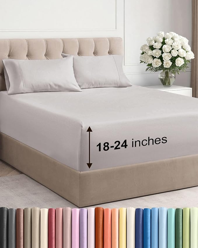 Extra Deep Twin Sheet Set - 4 Piece Breathable Cooling Sheets - Light Grey | Hotel Luxury Bed Sheets Set, Easy & Secure Fit, Ultra-Soft, Wrinkle & Fade Free, Comfy Sheets Set with Extra Deep Pockets