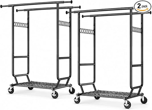 HOKEEPER Clothes Rack Heavy Duty Clothing Rack Load 650 LBS Collapsible | Garment Rack with Wheels Double Rod Clothes Rack for Hanging Clothes Commercial Portable Black, 2 Packs 22"D*75"W*68"H