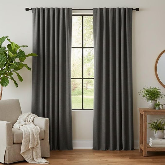 RYB HOME Grey Linen 100% Blackout Curtains 120 Inch Long for Living Room | Extra Long, Thermal Insulated Privacy Assured, Back Tab Rod Pocket, For Dining Sliding Glass Doors, W52 x L120, 2 Panels