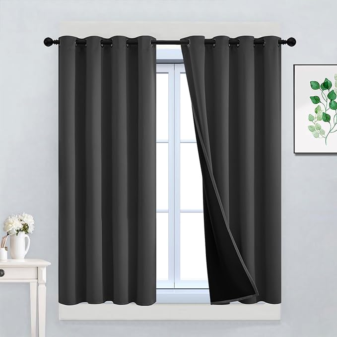 Yakamok Charcoal Grey 100% Blackout Curtains 45 Inches Long 52" Wide 2 PCS | Blackout Curtain Panels for Bedroom, 2 Thick Layers Grommet Top Thermal Insulated Drapes with Black Liner for Living Room