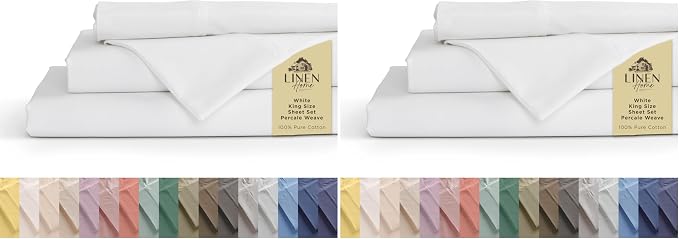 Linen Home 100% Cotton Percale Sheets King Size, White, Deep Pocket, 4 Pieces Set - 1 Flat, 1 Deep Pocket Fitted Sheet and 2 Pillowcases, Crisp Cool and Strong Bed Linen (Pack of 2)
