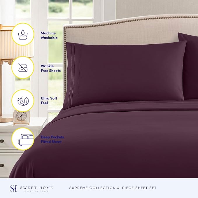 Twin XL Sheets - Breathable Luxury Sheets with Full Elastic & Secure Corner Straps Built In - 1800 Supreme Collection Extra Soft Deep Pocket Bedding Set, Sheet Set, Twin XL, Purple