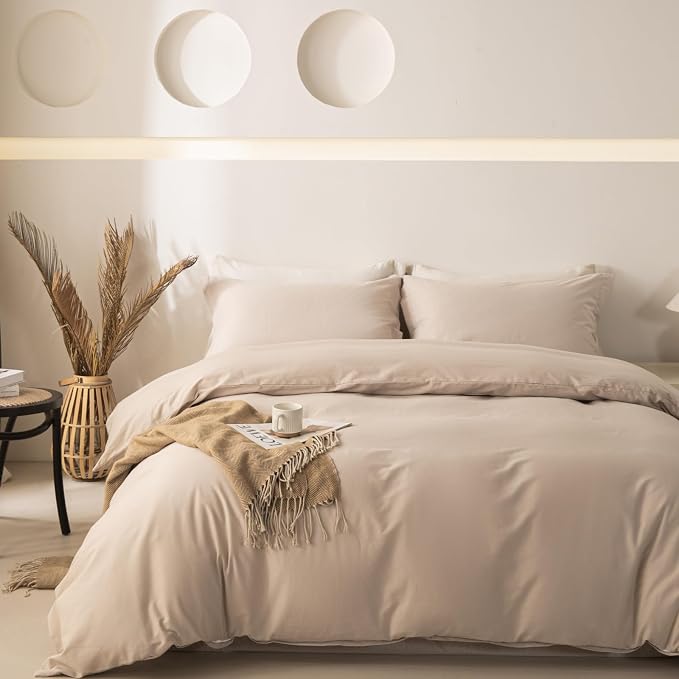 OAITE Duvet Cover Set 100% Washed Cotton Solid 3pcs | Soft,Durable,Long-staple Cotton,Hidden Zipper with 8 Interior Corner Ties,2 Pillowcases,68"X90"