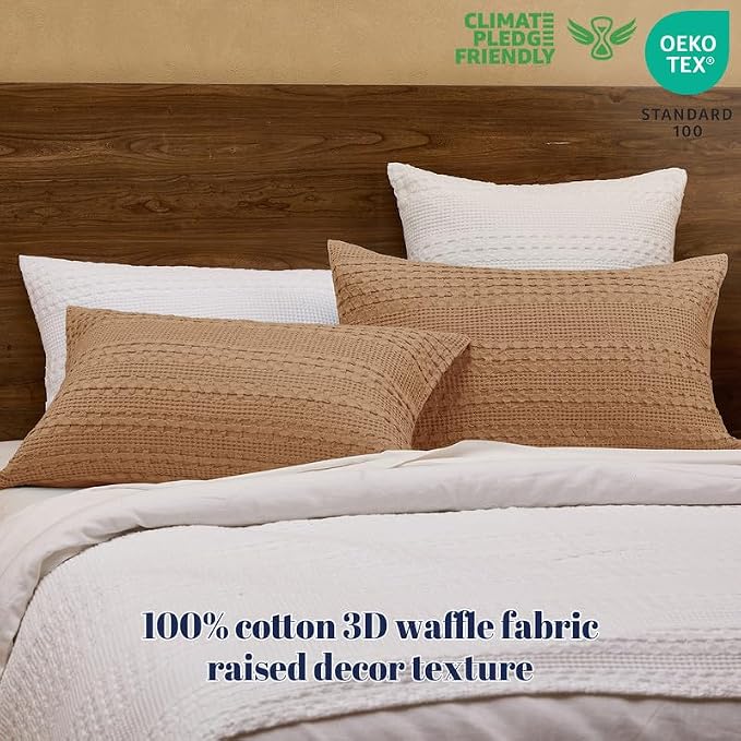 PHF 100% Cotton Waffle Pillow Shams King Size, 2 Pack 20" x 36" Soft Skin-Friendly Pillowcases, No Filling, Aesthetic Woven and Breathable Waffle Weave Pillow Case Covers for Bed, Clay