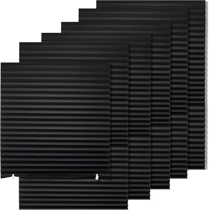 MYshade 6 Pack Temporary Blackout Paper Shades for Windows,Paper Pleated Blinds with Adhesive,No Tools No Drilling Free Cut Size Temporary Room Darkening Shades(Black, 36" W x 72" H)