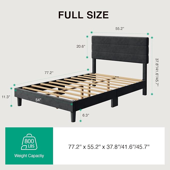 Novilla Full Size Bed Frame with Headboard, Full Bed Frame with Wooden Slats Support, Velvet Upholstered Stripe Headboard, No Box Spring Needed, Heavy Duty Feet, Easy Assembly, Black Velvet