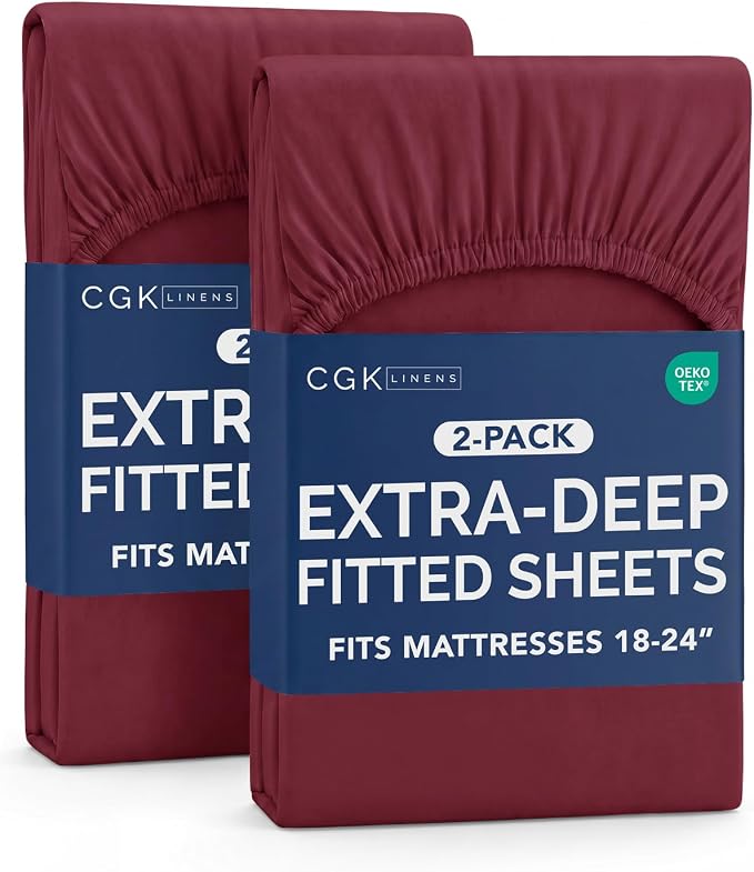 2 Pack Extra Deep King Fitted Sheets with Extra Deep Pockets - Burgundy | Hotel Luxury Bottom Fitted Sheets Only, Soft, Fade & Wrinkle Free, Breathable & Comfy, All Around Elastic Fitted Sheets