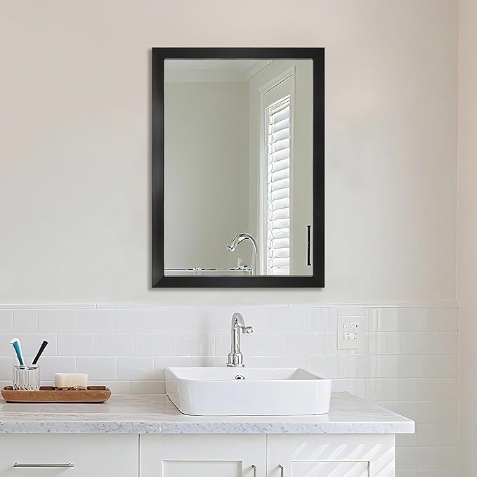 Rectangular Wall Mirror 28x20 Inch Bathroom Mirror for Over Sink, Black | Decorative Wall Mounted Mirror, Hangs Horizontally or Vertically for Vanity, Entryway, Restroom