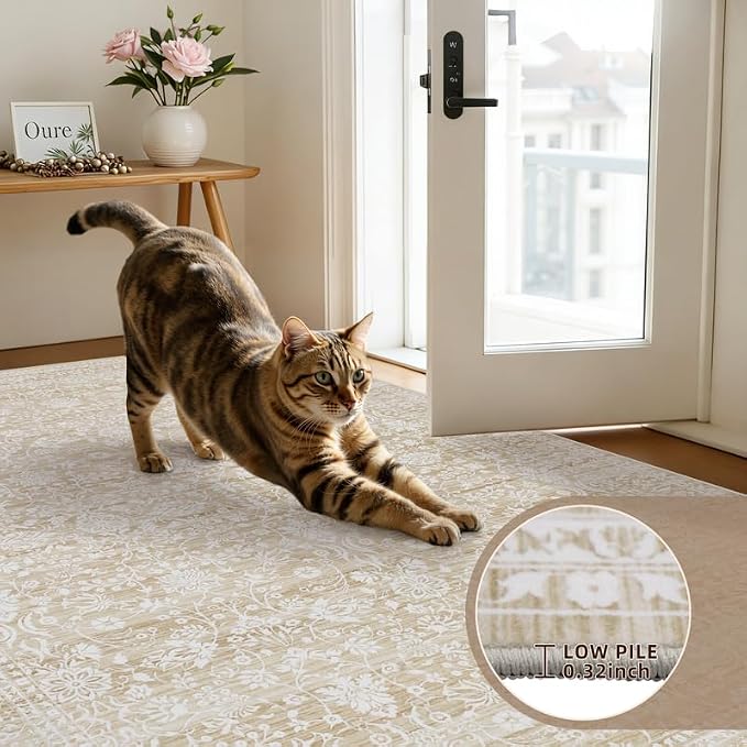 8x10 Area Rugs Living Room: Bedroom Washable Carpet Natural Beige | Large Vintage Boho Indoor Decor Carpets Soft Nursery Farmhouse Dining Room Office Floor Non-Slip Low Pile Under Table Rug