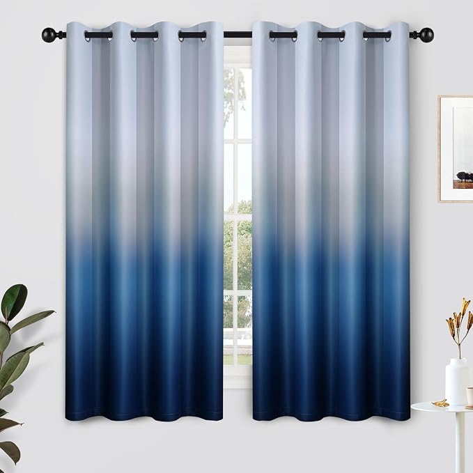 SimpleHome Ombre Gradient Blue White to Gray Curtains for Bedroom, 52Wx63L | Room Darkening Curtains,Light Blocking Thermal Insulated Grommet Window Curtains for Living Room,2 Panels,63 Inches Length