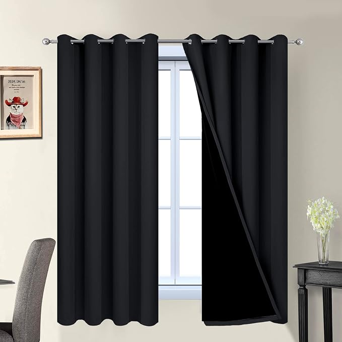 Yakamok Black 100% Blackout Curtains 63 Inches Long for Bedroom 52" Wide | Blackout Curtain Panels for Bedroom, 2 Thick Layers Grommet Top Thermal Insulated Drapes with Black Liner for Living Room