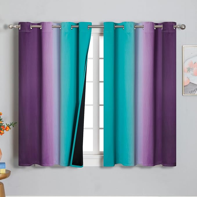 Ombre Teal and Purple Blackout Curtains for Kids Bedroom | Room Darkening Thermal Insulated Gradient Curtains, Full Light Blocking Grommet Drapes for Living Room,52Wx45L Inch, 2 Panels