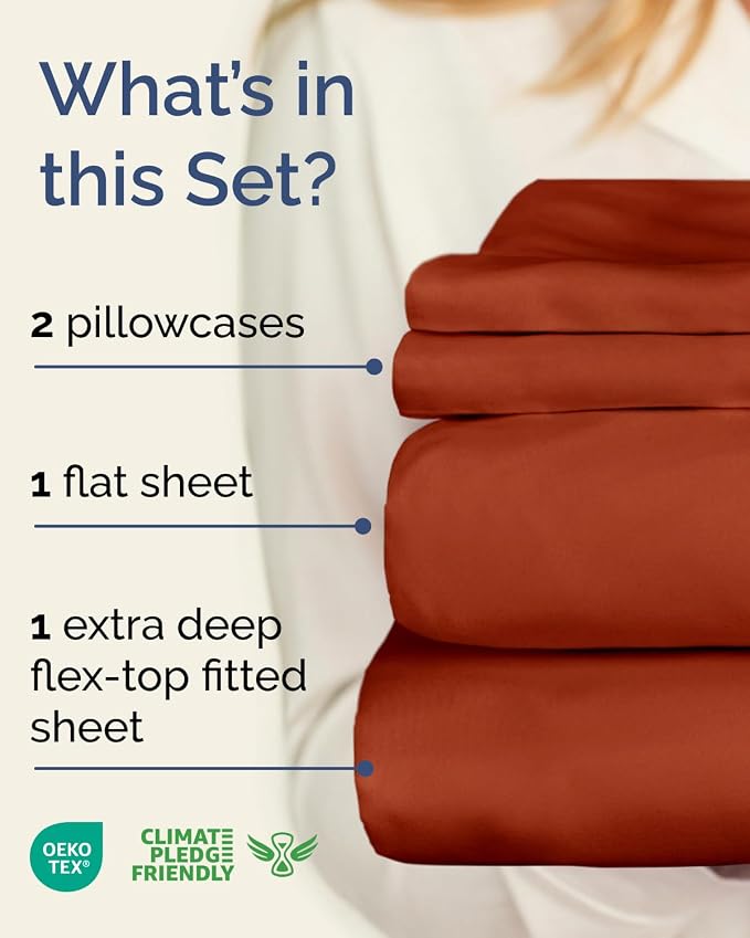 Flex Top Split Head King Sheet Set - 4 Piece Extra Deep Sheets - Terracotta | Easily Fits 18 to 24 inch Mattress, Ultra Soft, Wrinkle & Fade Free with Extra Deep Pockets, Comfy Hotel Luxury Bedding