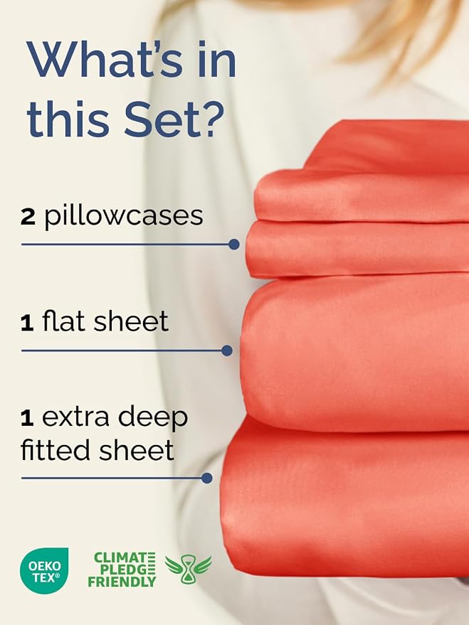 Extra Deep Full Sheet Set - 4 Piece Breathable & Cooling Bed Sheets - Coral | Easily Fits 18 to 24 inch Mattress - Ultra Soft, Wrinkle & Fade Free with Extra Deep Pockets - Comfy Hotel Luxury Bedding
