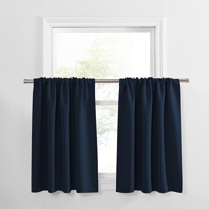 PONY DANCE Short Curtains for Kitchen Window - Home Decor Rod Pocket Thermal Insulated Window Treatments Light Block Panels for Bathroom, 42 W x 30 L, Navy Blue, Set of 2